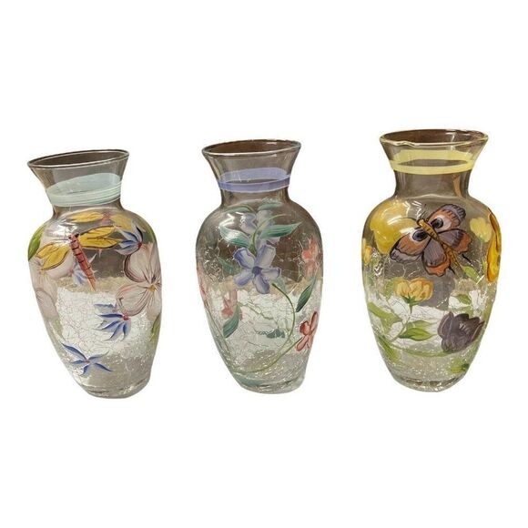 Set 3 Hand Painted Dragonfly Floral Butterfly Fifth Avenue Crackle Glass Vases - Picture 1 of 7